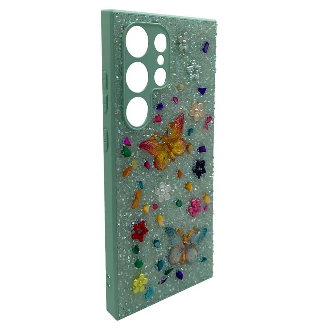 Samsung Galaxy S23 Ultra Butterfly and Diamond Bling Case Green